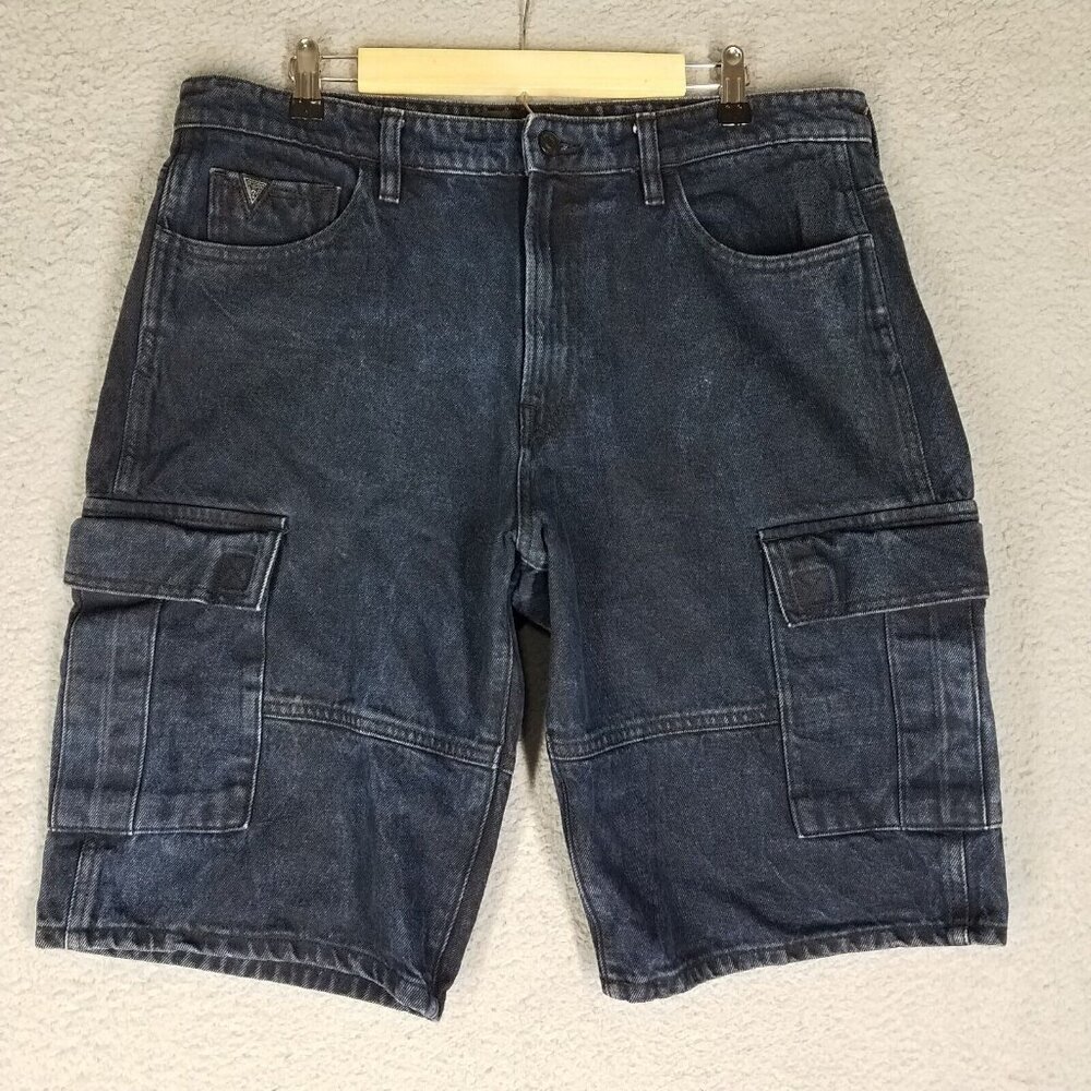 Guess Cargo Jean Shorts Adult 36 Y2K Baggy Carpenter Fit Blue Denim 12" Casual